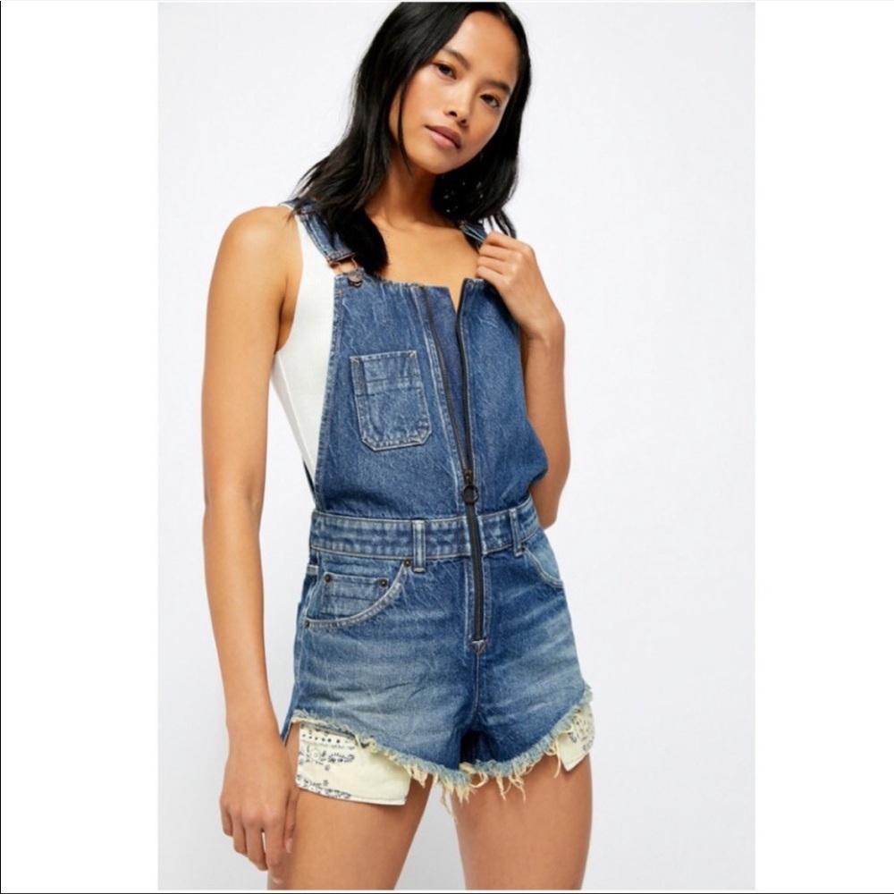 Free People Blue Denim Zip-Front Short Overalls